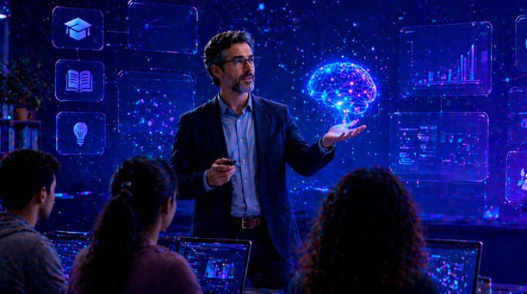 Un profesor explicando a sus estudiantes una lección sobre IA